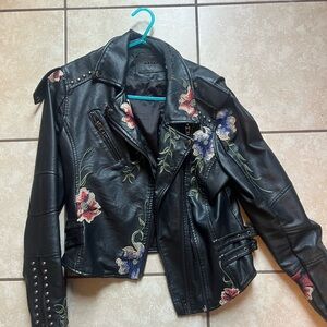 Blank NYC Black Leather Jacket with Floral Embroidery